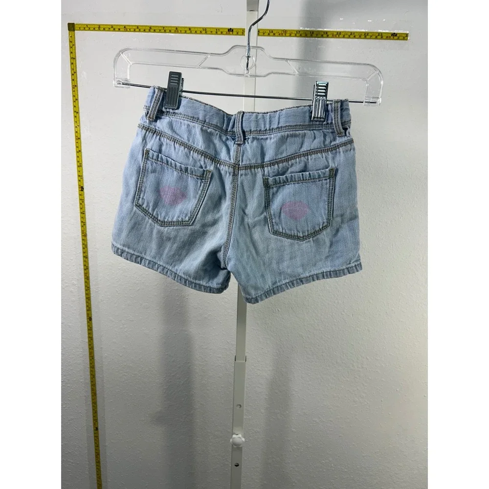 Gymboree Girls Light Wash Denim Heart Print Shorts Size 7 Pink Heart Blue Cotton